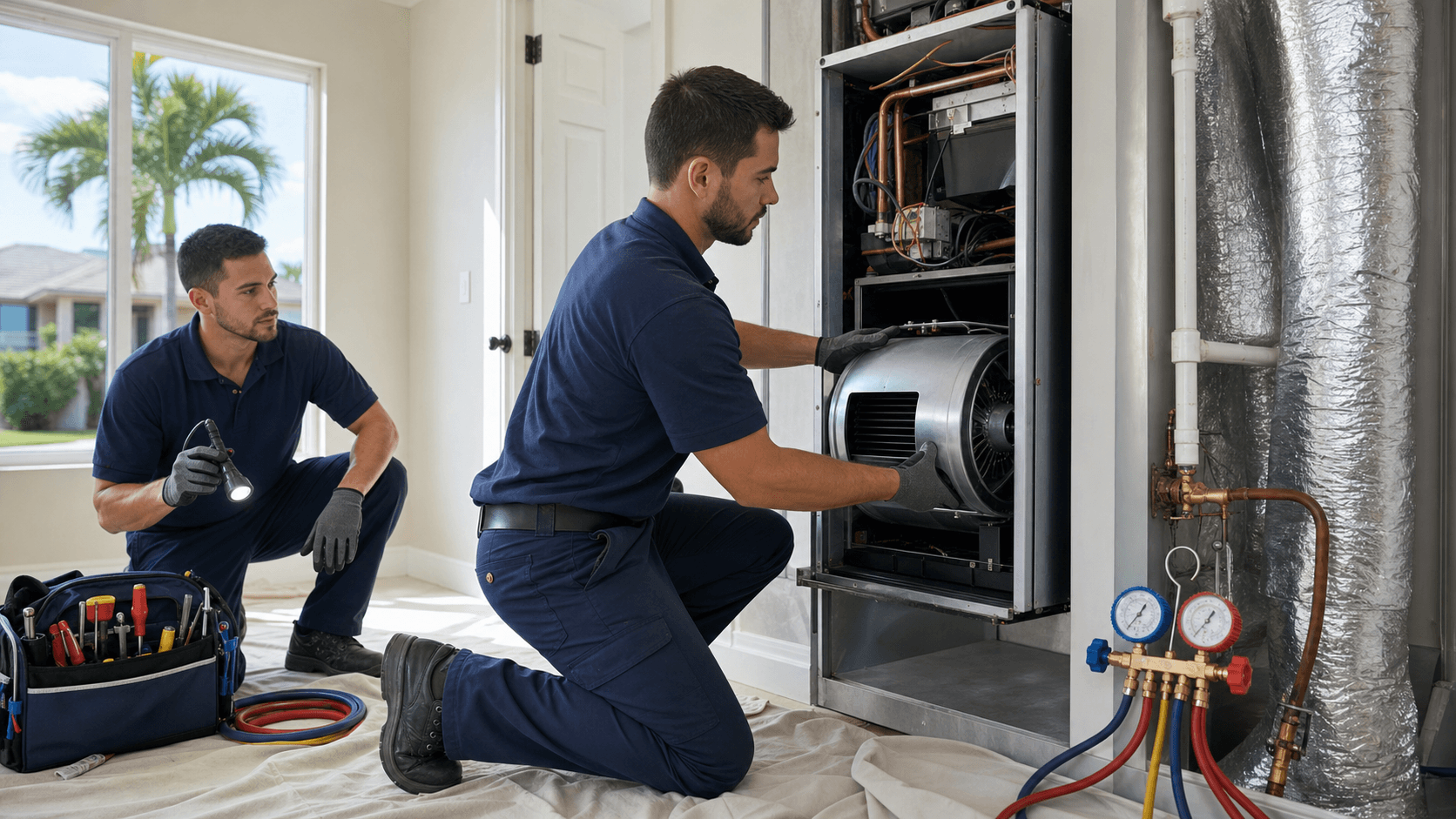 Technician in blue uniform replacing an HVAC blower motor inside an open air handler, lit by warm workshop light.