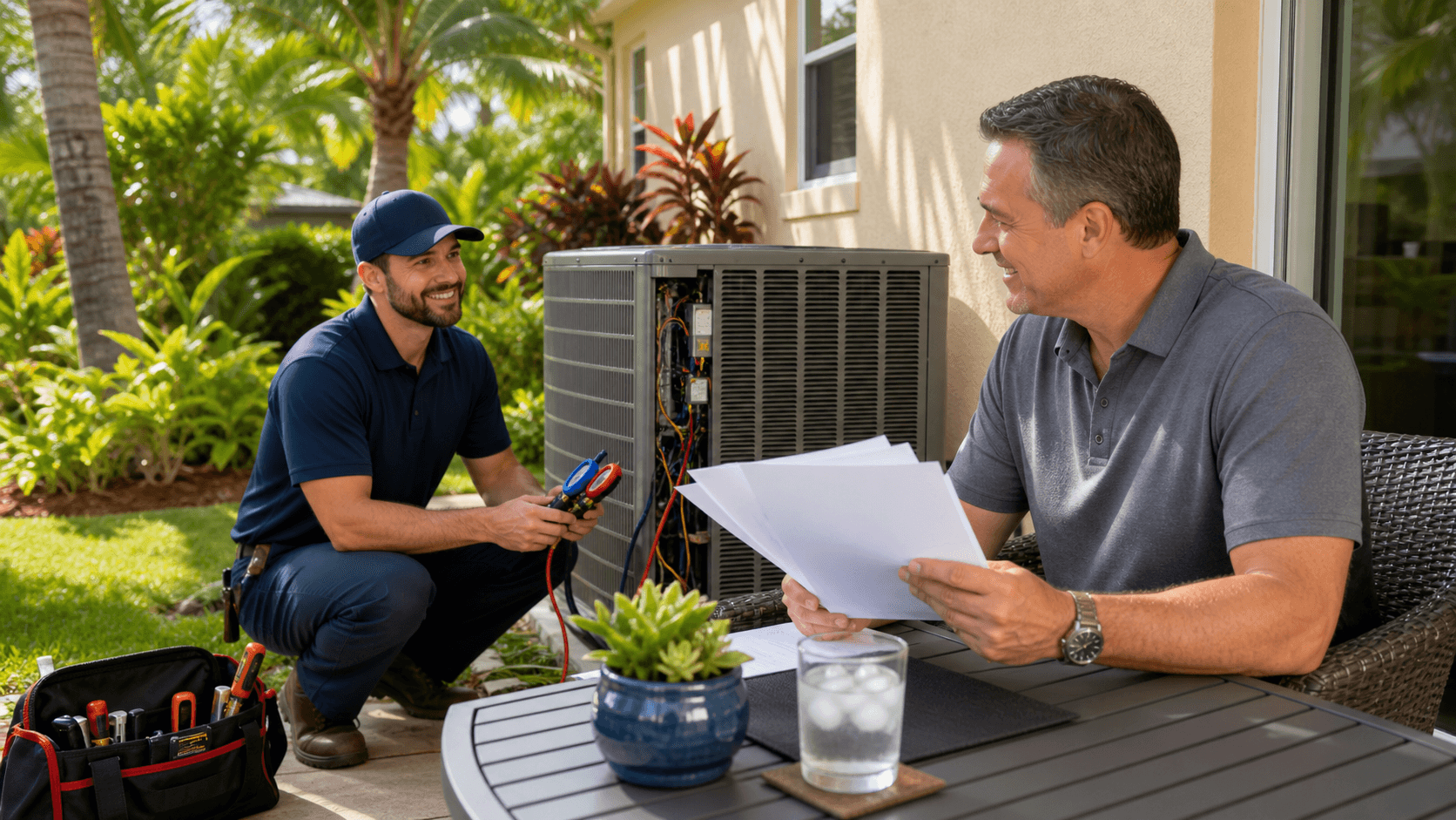 Technician inspecting an outdoor AC unit beside a clipboard with pricing charts in bright daylight.