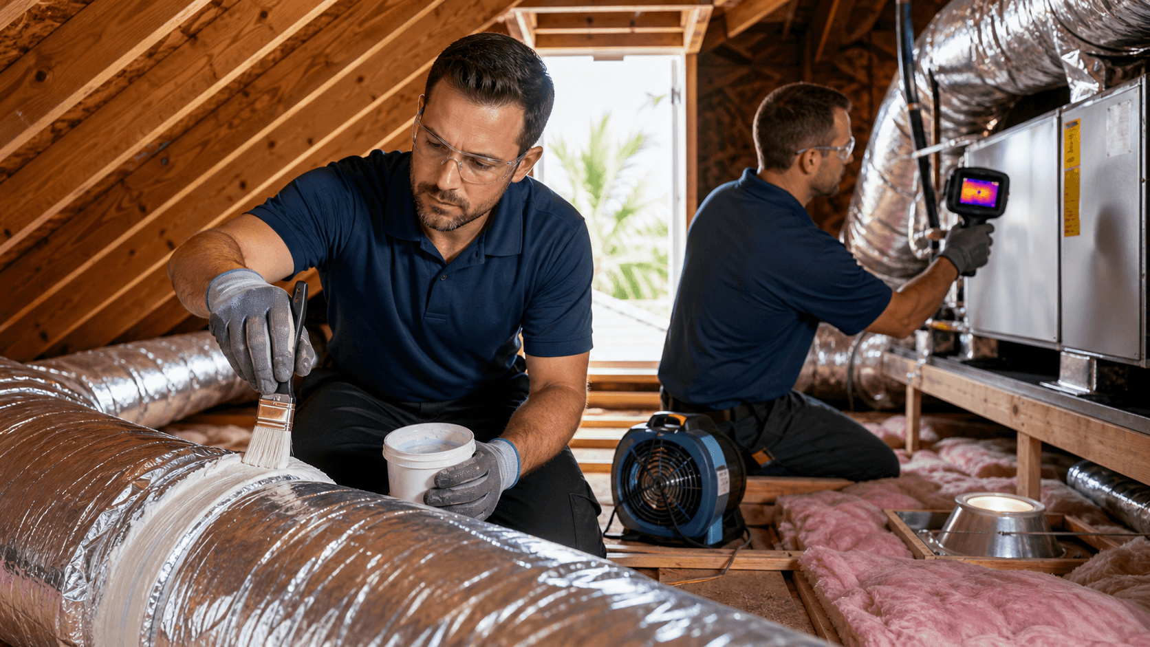 Worker in blue uniform seals HVAC duct with foil tape in a bright attic, insulation batts and vents in view.