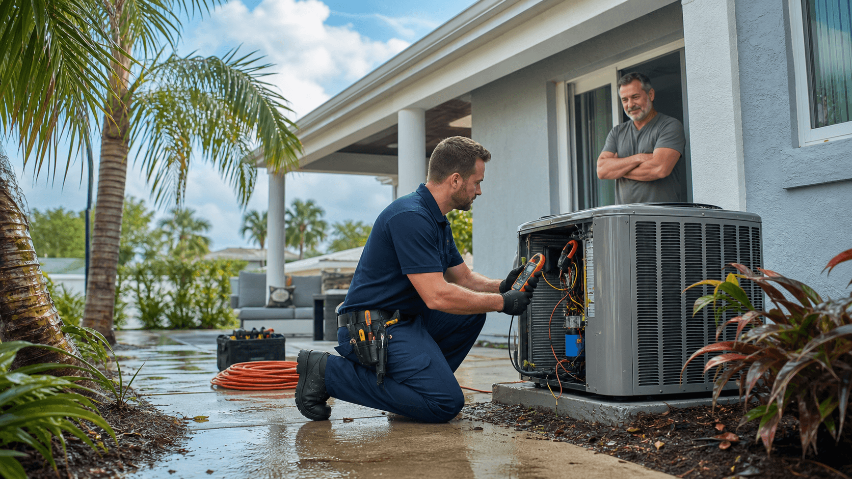 Technician repairs an outdoor AC unit beside a storm-darkened home as lightning flashes overhead.