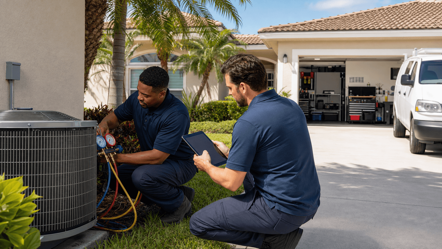 Smiling technician in blue uniform checks an outdoor AC unit beside a sunny suburban home, clipboard in hand.