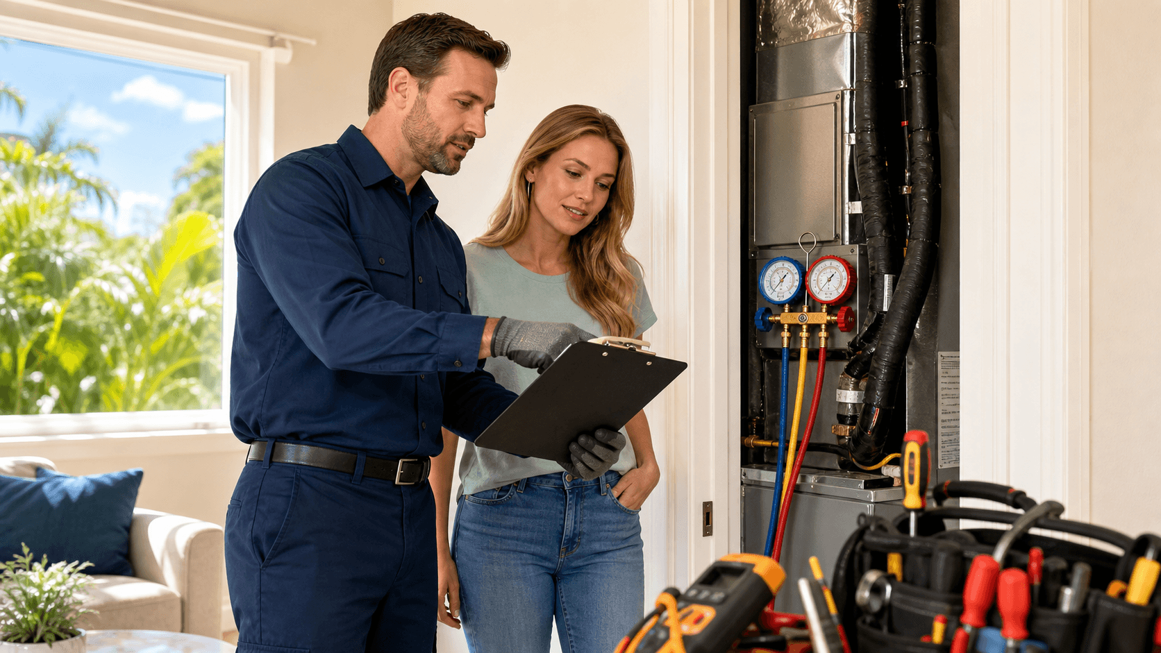 Technician reviews an AC service report beside gauges and tools on a bright blue workbench.