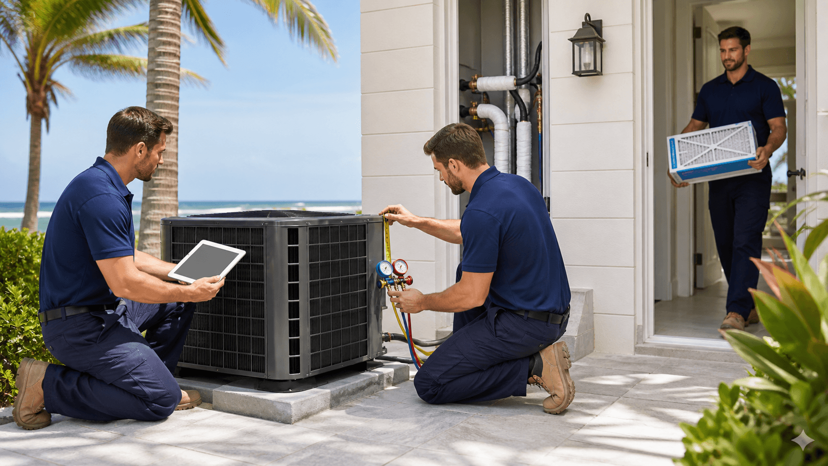 Outdoor air conditioner condenser beside a beige coastal home, with palm trees and bright blue sky in sunlight