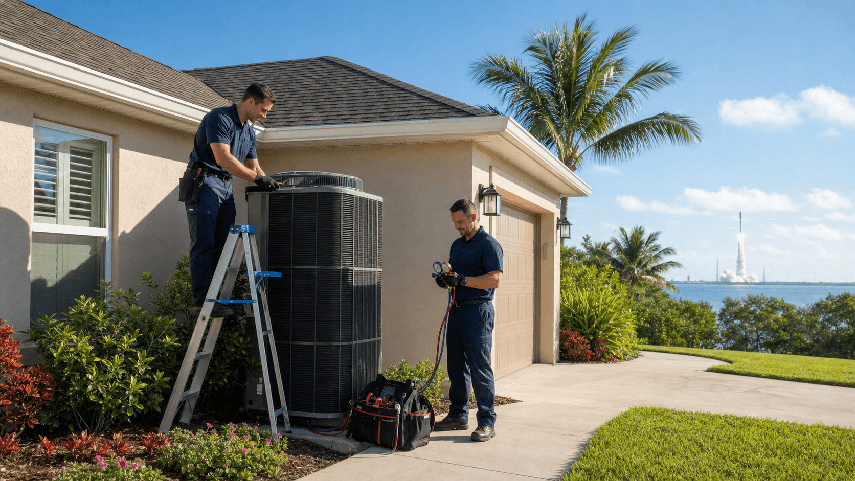 Split scene of a sunlit beach and a blue air conditioner unit with cool airflow and palm trees in the background
