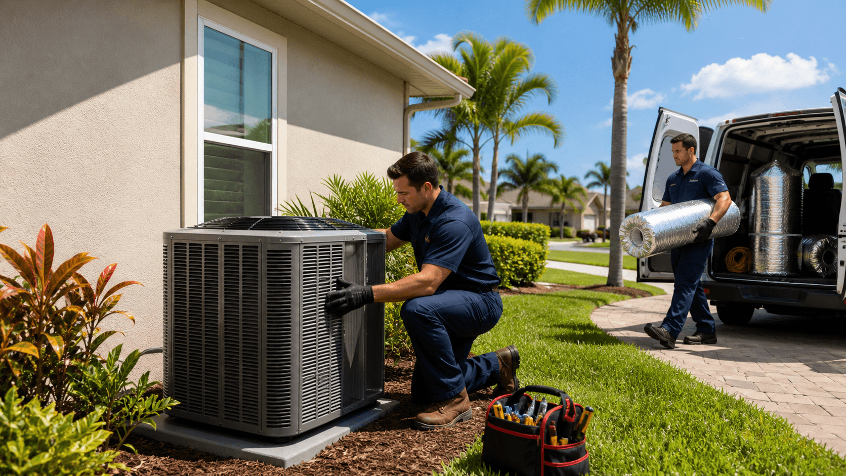 Technician installs a modern outdoor HVAC unit beside a beige suburban home in bright daylight.