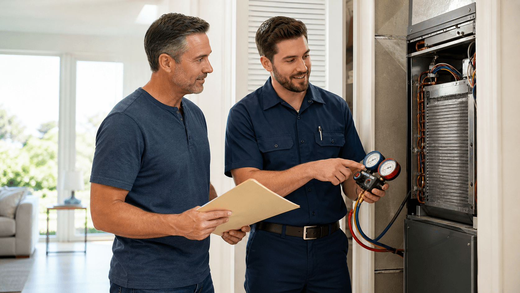 Technician reviews an AC repair estimate beside an outdoor condenser in bright Florida sunlight.