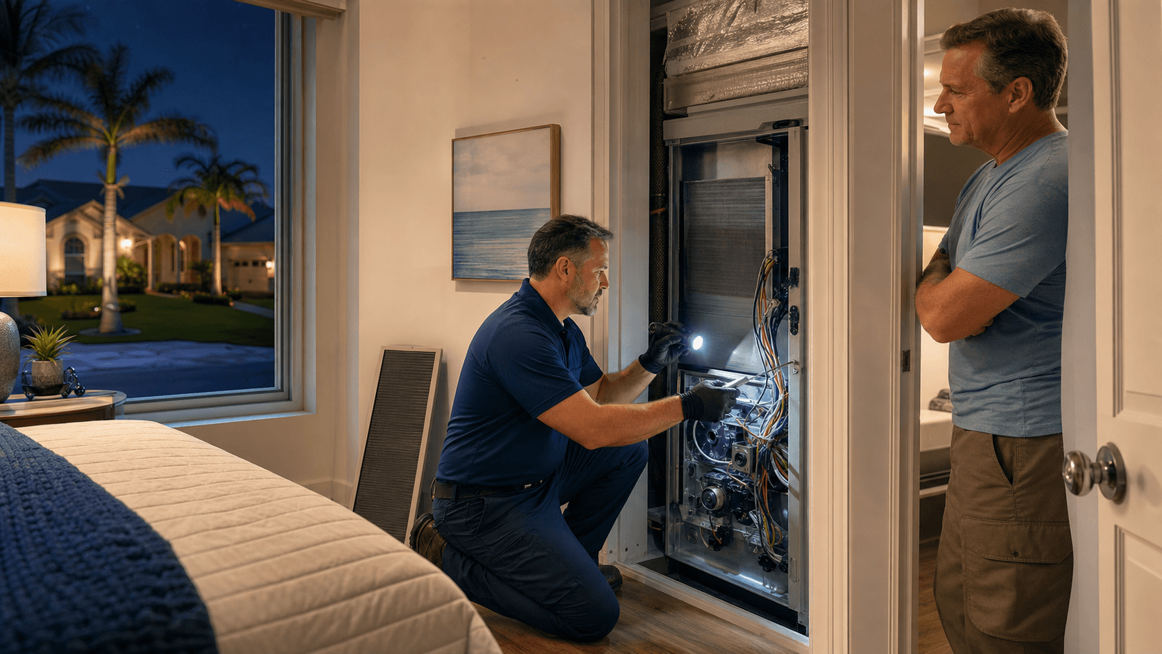 Outdoor air conditioner condenser beside a house at night, glowing softly under porch light with a quiet starry sky