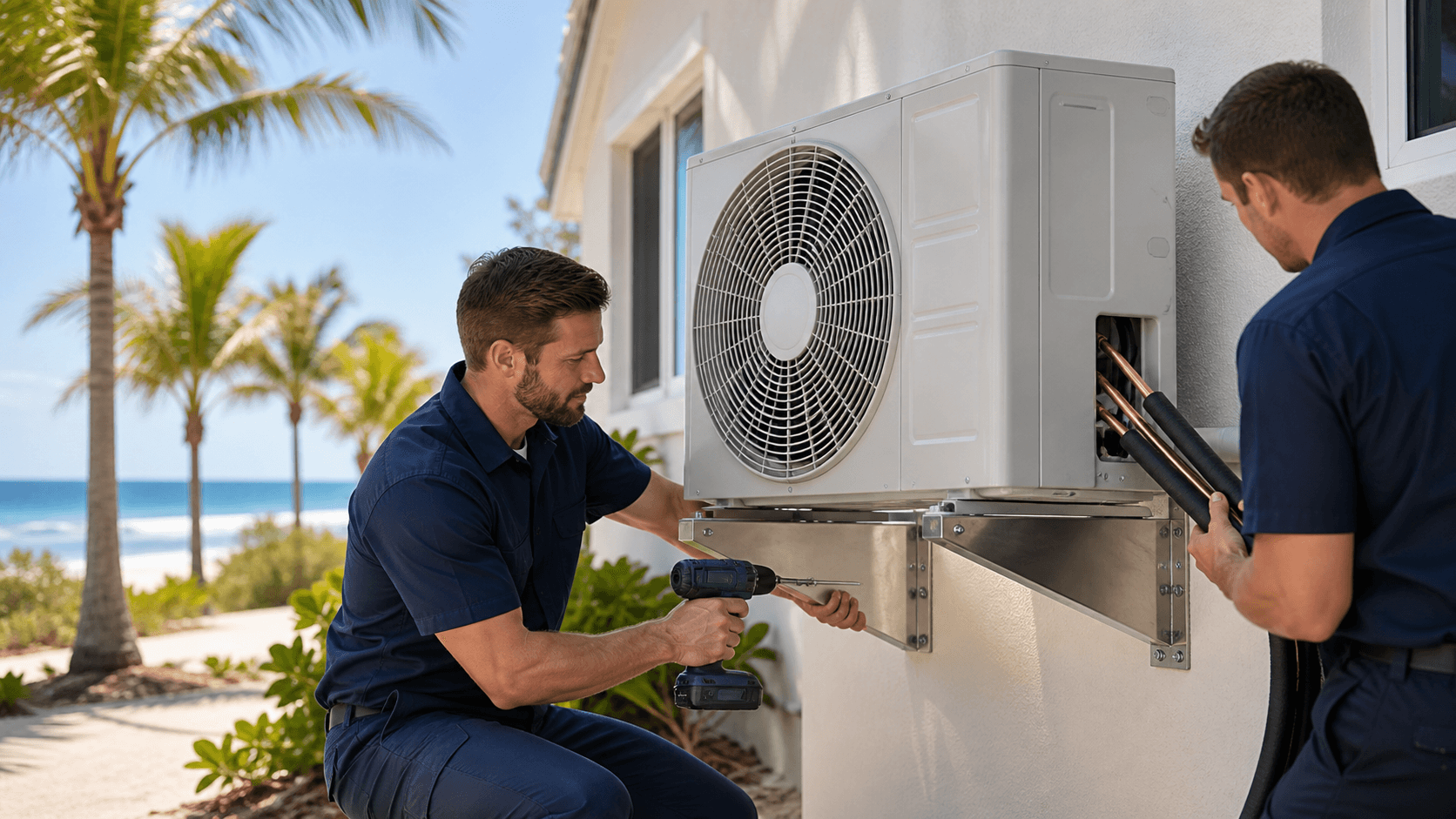Technician installs a silver outdoor AC unit beside a beach house under bright blue coastal skies.