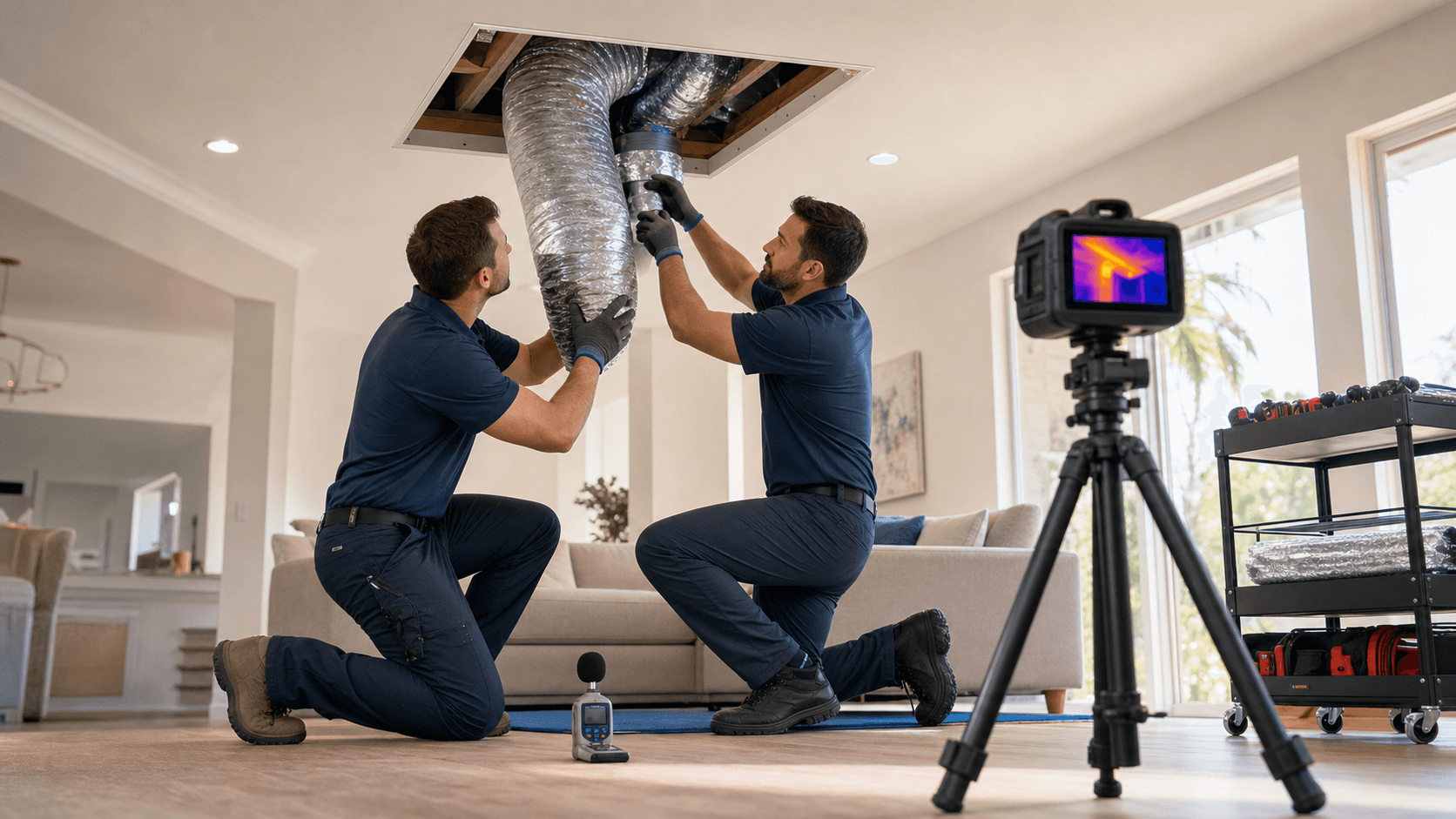 Technician in blue uniform installs silver HVAC ductwork in an attic, warm light on wooden beams.