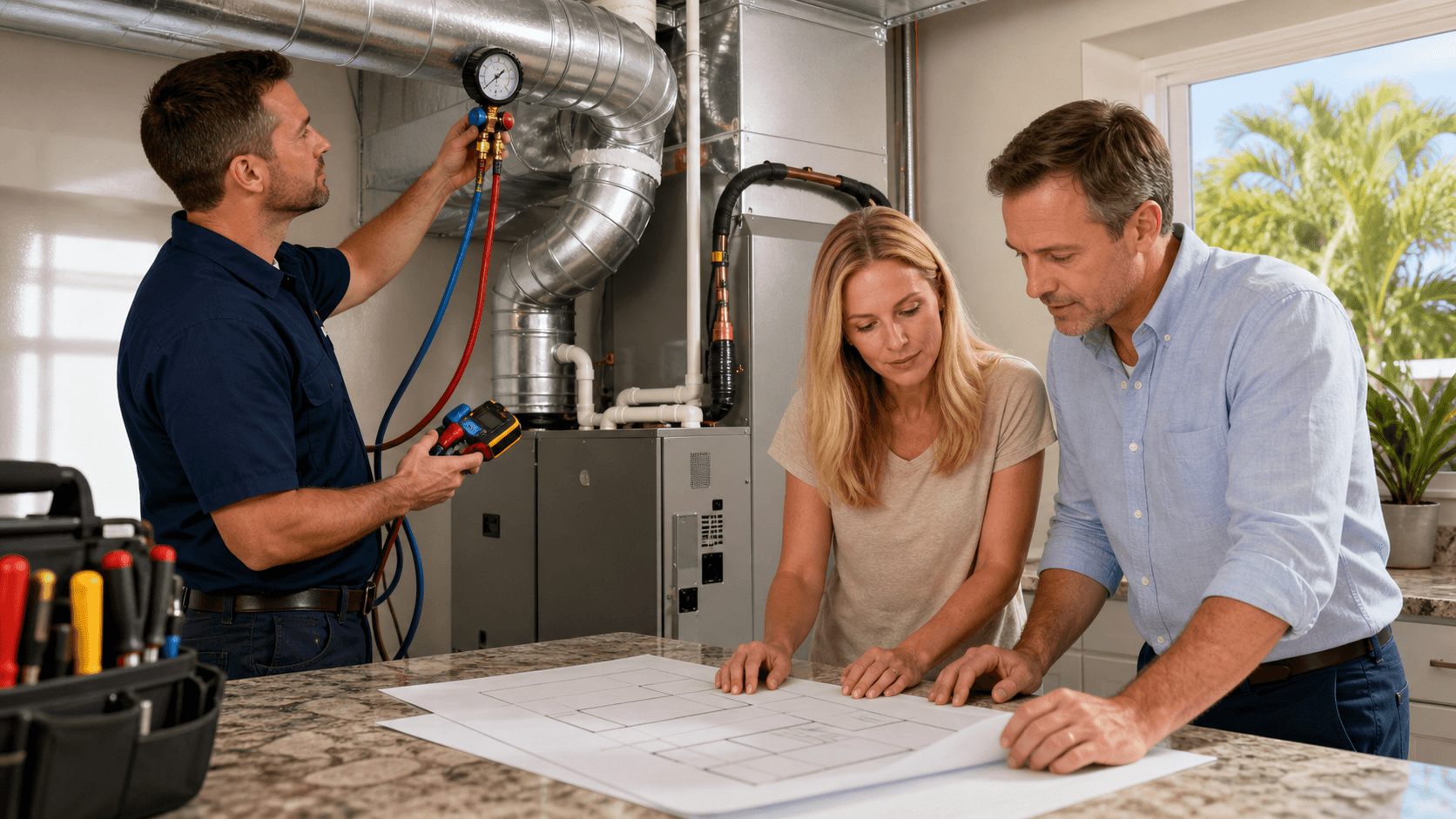 Blue-toned HVAC equipment, ductwork, and permit documents arranged in a clean technical layout.
