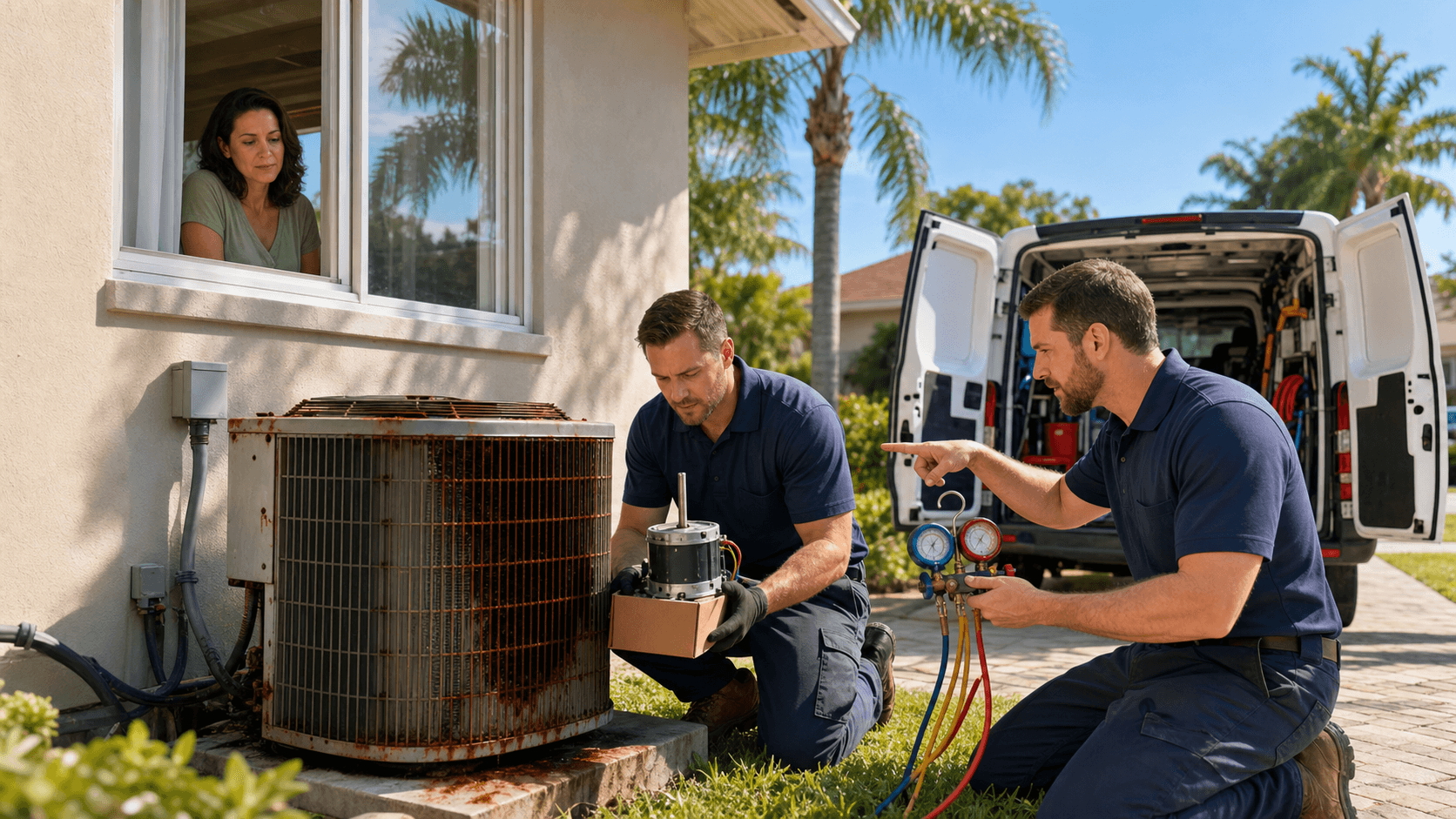 Sunlit suburban home with an outdoor HVAC unit and thermostat icons floating above, warm orange-blue gradient sky