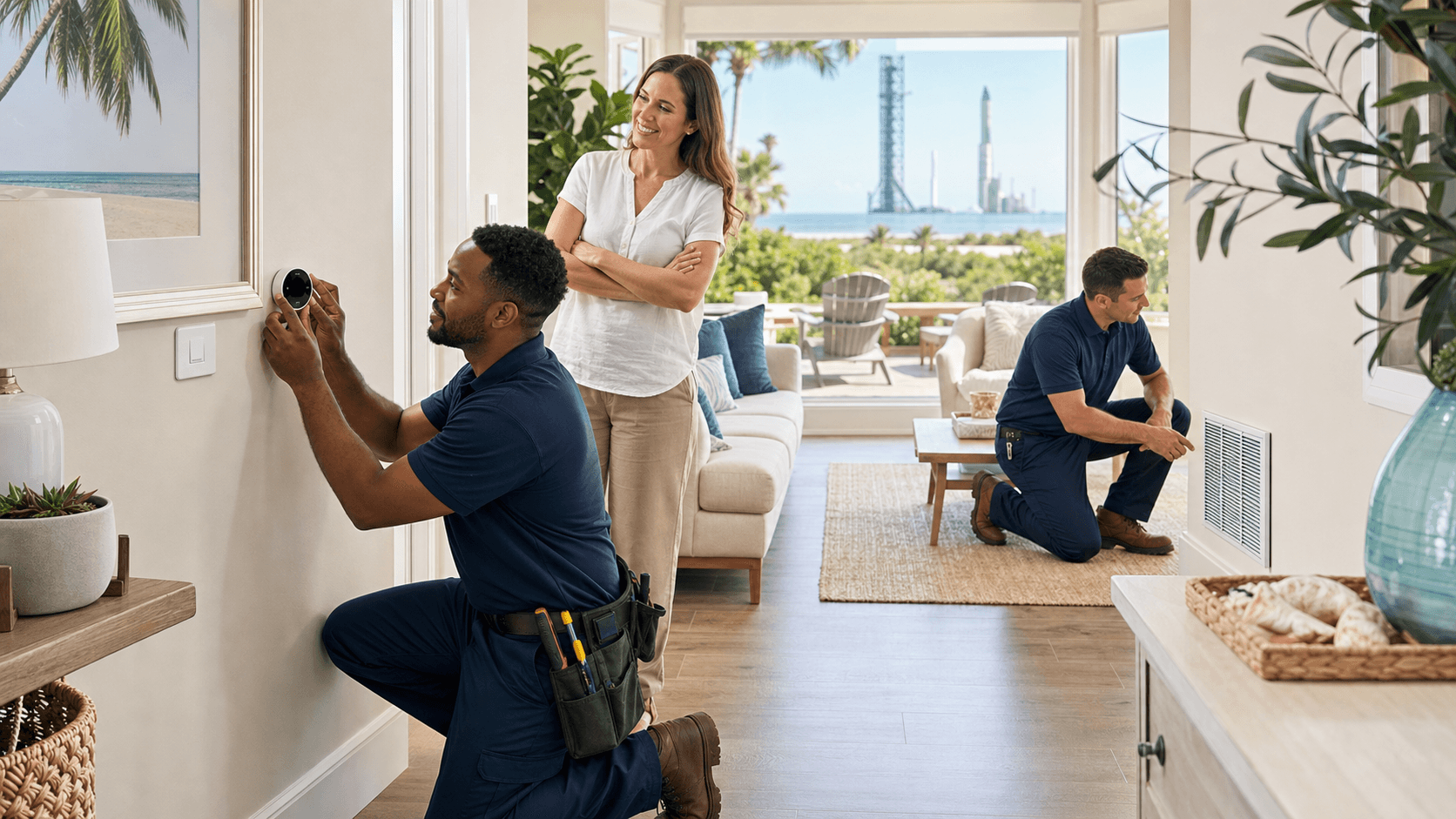 Wall-mounted smart thermostat with glowing blue screen in a bright coastal living room with ocean-view window