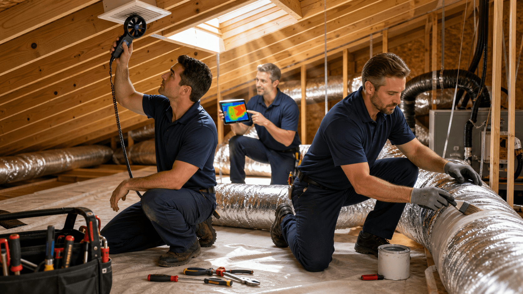 Technician installing silver HVAC ductwork in a sunlit attic, with tools and insulation visible on wooden beams.