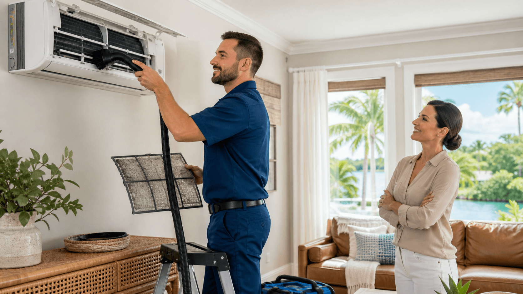 Technician cleaning a wall-mounted air conditioner in a bright room with soft blue and white tones.