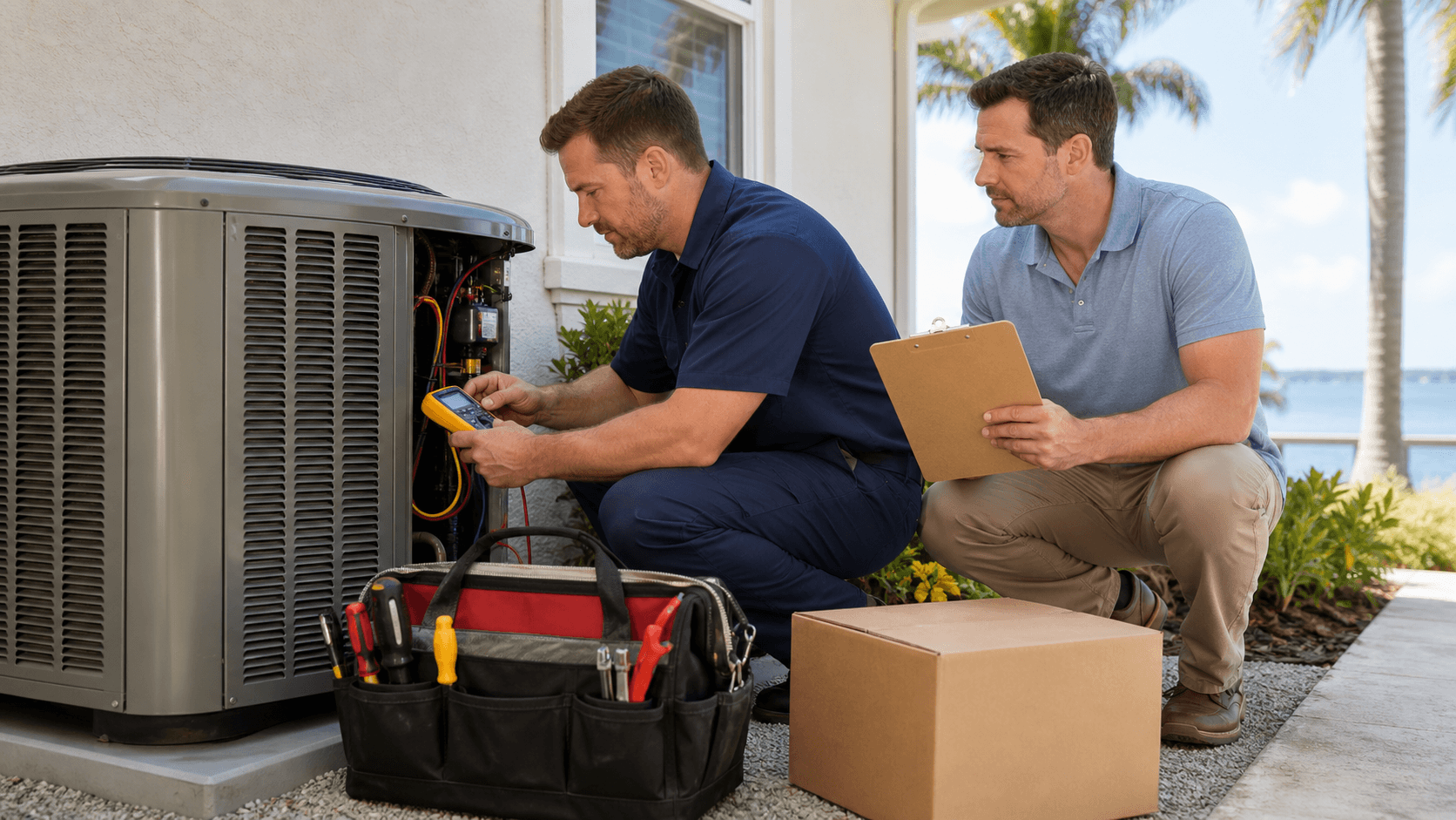Technician servicing an outdoor AC unit beside a sunny Florida home, with tools and palm trees in view