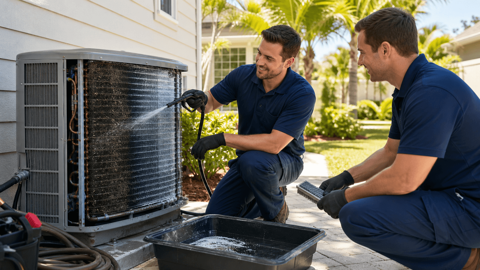 Close-up of a technician cleaning an outdoor AC condenser coil with a spray wand in bright daylight.
