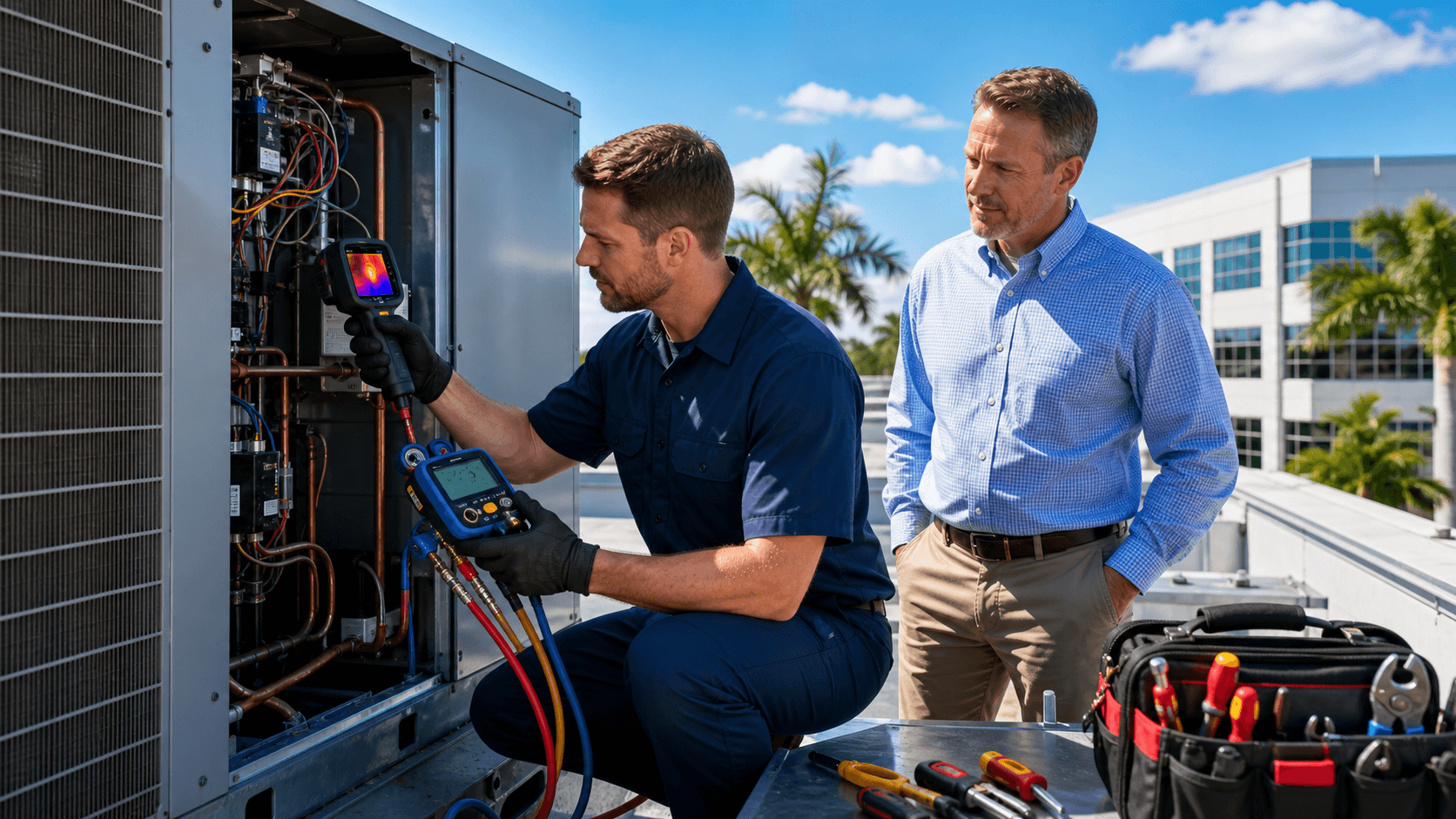 Technician in a blue uniform inspects a rooftop commercial air conditioning unit under a bright sky.