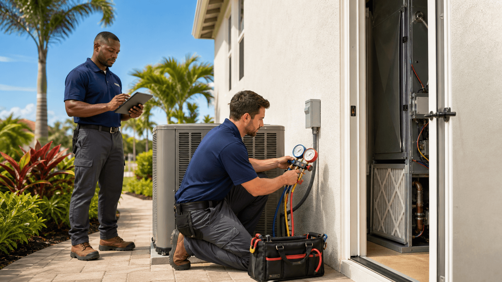 Technician in blue uniform checking an outdoor AC unit beside a sunny suburban home with green lawn.
